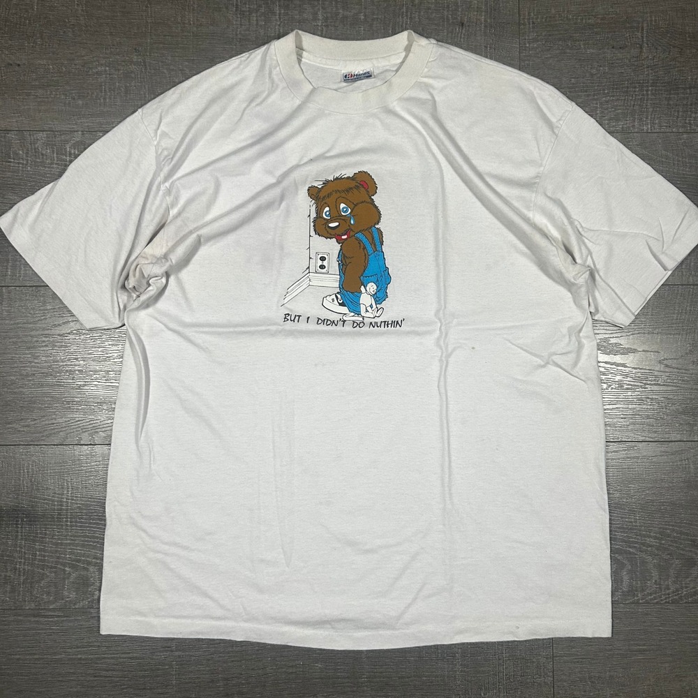 Vintage Hanes 90s But I Didnt Do Nuthin Bear T-Shirt White XXL Lady Max USA